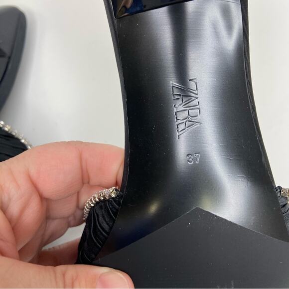 New Zara Crystal Trim Open Square Toe Black Satin Mule Slide Sandals Size 6.5 - Picture 13 of 15